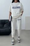 Ellore T-shirt Eşofman Altı Jogger- Beyaz Baskı Alt Üst Eşofman Takımı Oversize Bisiklet Yaka