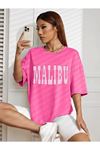 Malibu T-Shirt - Pembe Baskılı Oversize Bisiklet Yaka Kısa Kol Tişört
