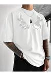 Erkek El Baskı Oversize Beyaz Baskılı T-shirt - Bisiklet Yaka Kısa Kol Rahat Kalıp Tişört