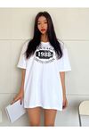 Beyaz Oversize Vintage Baskılı T-shirt - Oversize Baskılı