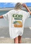 God Good Süprem T-Shirt - Beyaz Baskılı Oversize Bisiklet Yaka Kısa Kol Tişört
