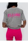 Ellore T-Shirt - Gri Baskılı Oversize Bisiklet Yaka Kısa Kol Tişört