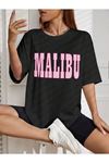 Malibu T-Shirt - Siyah Baskılı Oversize Bisiklet Yaka Kısa Kol Tişört
