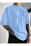 Erkek El Baskı Oversize Bebe Mavi Baskılı T-shirt - Bisiklet Yaka Kısa Kol Rahat Kalıp Tişört