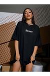 Blessed Özel Tasarım T-Shirt - Siyah Baskılı Oversize Bisiklet Yaka Kısa Kol