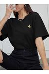 Uçak Logo T-Shirt - Siyah Baskılı Oversize Bisiklet Yaka Kısa Kol