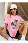 Pembe Oversize Palm Chicgo Baskılı T-shirt - Oversize Baskılı