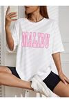 Malibu T-Shirt - Beyaz Baskılı Oversize Bisiklet Yaka Kısa Kol Tişört