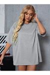 Gri Basic Düz Baskısız Oversize Salas Boyfriend Kadın T-shirt