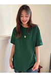 Ördek Minimal T-shirt - Yeşil Oversize Baskılı Bisiklet Yaka