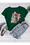 Oversize Yeşil Sevimli Minik Kedi Baskılı T-shirt Unisex Rahat Kalıp