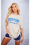 Boston Massachusetts Süprem T-Shirt - Bej Baskılı Oversize Bisiklet Yaka Kısa Kol Tişört