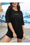 Let's Get Lost T-Shirt - Siyah Baskılı Oversize Bisiklet Yaka Kısa Kol