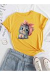 Oversize Sarı Sevimli Minik Kedi Baskılı T-shirt Unisex Rahat Kalıp