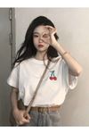Kiraz Desen T-Shirt - Beyaz Baskılı Oversize Bisiklet Yaka Kısa Kol
