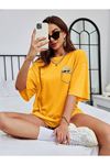 Cep Detay Baskılı T-Shirt - Sarı Oversize Bisiklet Yaka Kısa Kol