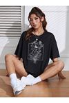 Floral Desen T-shirt - Siyah Baskılı Oversize Bisiklet Yaka Kısa Kol Tişört