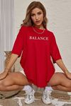 Balance Yazılı T-shirt - Kırmızı Baskılı Oversize Bisiklet Yaka Kısa Kol Tişört