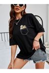 Cep Detay Baskılı T-Shirt - Siyah Oversize Bisiklet Yaka Kısa Kol