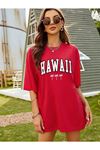 Hawaii T-shirt - Kırmızı Baskılı Oversize Bisiklet Yaka Kısa Kol Tişört