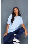 Düz Süprem T-Shirt - Bebe Mavisi Oversize Bisiklet Yaka Kısa Kol Tişört