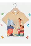 Hayvanlar Pamuklu Çocuk T-Shirt- Bej Baskılı Kız Erkek Çocuk Yazlık Bisiklet Yaka Tişört