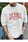 Newyork Hustle Süprem T-Shirt - Beyaz Baskılı Oversize Bisiklet Yaka Kısa Kol Tişört