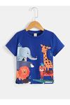 Hayvanlar Pamuklu Çocuk T-Shirt- Saks Mavi Baskılı Kız Erkek Çocuk Yazlık Bisiklet Yaka Tişört
