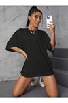 Basic Düz T-Shirt - Siyah Oversize Bisiklet Yaka Kısa Kol