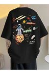 Moon To Mars T-Shirt - Siyah Baskılı Oversize Bisiklet Yaka Kısa Kol