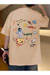 Moon To Mars T-Shirt - Bej Baskılı Oversize Bisiklet Yaka Kısa Kol