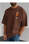 Beach Logo T-Shirt - Kahve Baskılı Oversize Bisiklet Yaka Kısa Kol