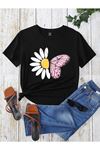 Papatya Kelebek T-shirt - Siyah Baskılı Oversize Bisiklet Yaka Kısa Kol Tişört