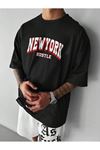 Newyork Hustle Süprem T-Shirt - Siyah Baskılı Oversize Bisiklet Yaka Kısa Kol Tişört