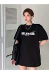 Welenaga T-Shirt - Siyah Baskılı Oversize Bisiklet Yaka Kısa Kol