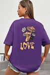 Love Çiçek T-shirt - Mor Baskılı Oversize Bisiklet Yaka Kısa Kol Tişört