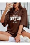 Newyork 1968 Young Süprem T-Shirt - Kahverengi Baskılı Oversize Bisiklet Yaka Kısa Kol Tişört