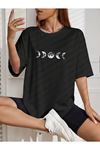 Moon Phase T-Shirt - Siyah Baskılı Oversize Bisiklet Yaka Kısa Kol