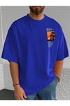 Beach Logo T-Shirt - Lacivert Baskılı Oversize Bisiklet Yaka Kısa Kol