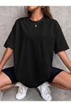 Düz Basic T-Shirt - Siyah Oversize Bisiklet Yaka Kısa Kol