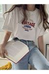 Vintage College T-Shirt - Beyaz Baskılı Oversize Bisiklet Yaka Kısa Kol