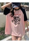 Sparklıng You T-shirt - Pembe Siyah Baskılı Oversize Bisiklet Yaka Reglan Kol Tişört