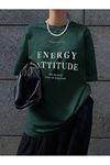 Energy Attitudy Süprem T-Shirt - Nefti Yeşil Baskılı Oversize Bisiklet Yaka Kısa Kol Tişört