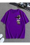 New Moment T-Shirt - Mor Baskılı Oversize Bisiklet Yaka Kısa Kol