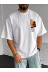 Beach Logo T-Shirt - Beyaz Baskılı Oversize Bisiklet Yaka Kısa Kol