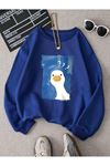 OVERSIZE KALIP SAX MAVİSİ DUCK BASKILI SWEATSHİRT