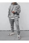 Üçgen Logo Eşofman Takımı Sweatshirt Jogger - Gri Baskılı Oversize Şardonlu Kapüşonlu