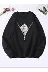 KADIN Siyah CUTE CAT Baskılı Oversize Sweatshirt
