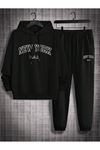 New York U.S.A Eşofman Takımı Sweatshirt Jogger - Siyah Baskılı Oversize Şardonlu Kapüşonlu