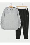 Know Yazılı Eşofman Takımı Sweatshirt Jogger - Gri Üst Siyah Alt Baskılı Oversize Şardonlu Kapüşonl